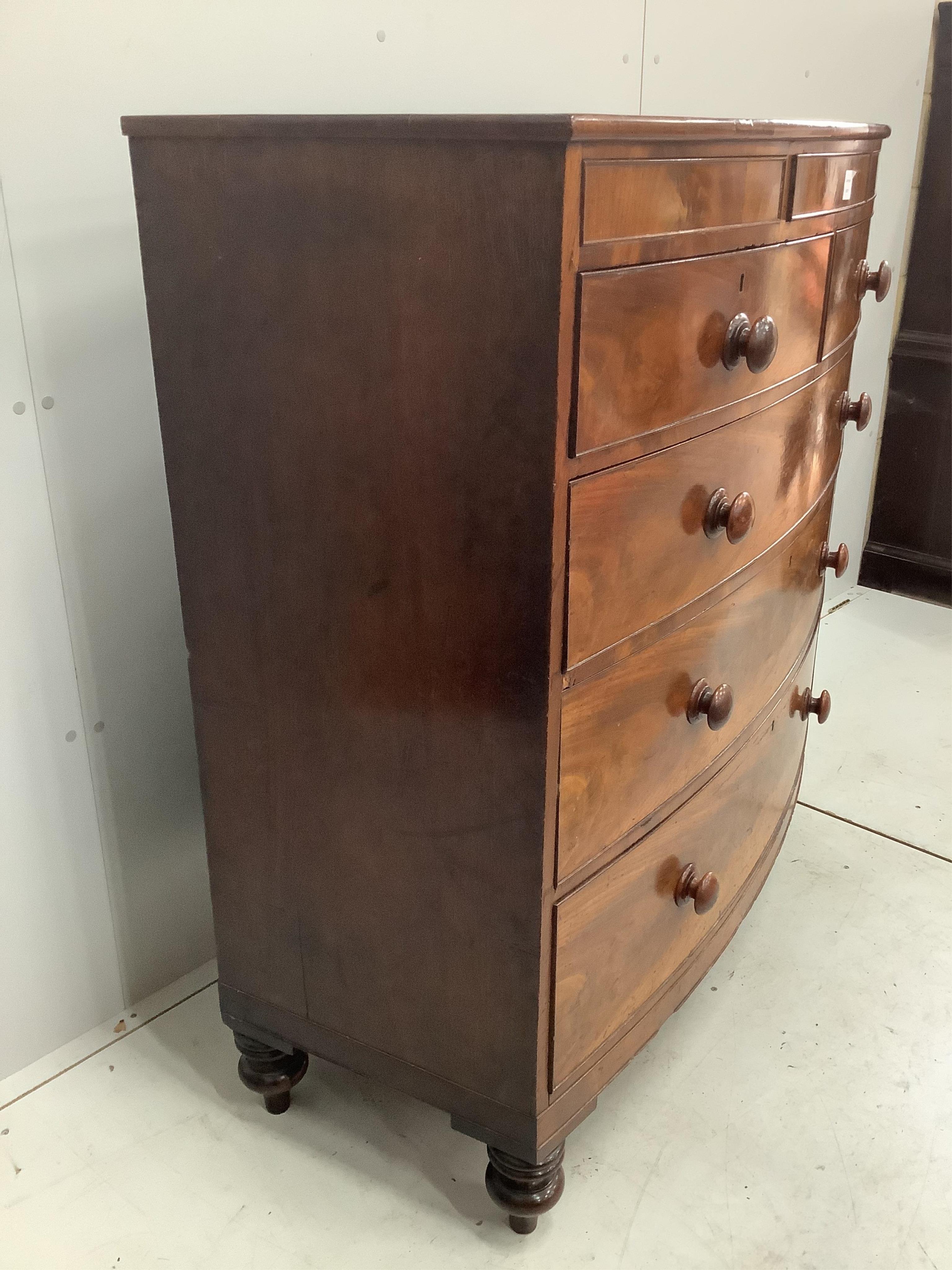 An early Victorian mahogany bowfront chest, width 117cm, depth 54cm, height 123cm. Condition - fair